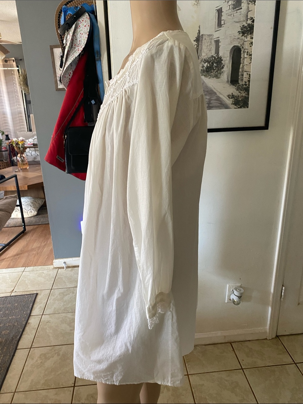 Eileen West Cream Cotton Button-Front Nightgown with Lace Yoke - Picture 3 of 11